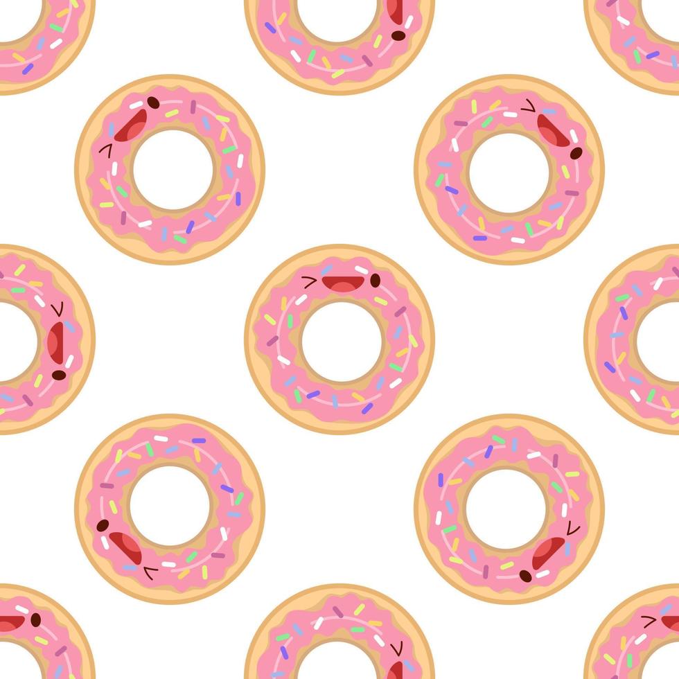 Cute donut seamless pattern. Vector illustration. Food icon concept. Flat cartoon style.