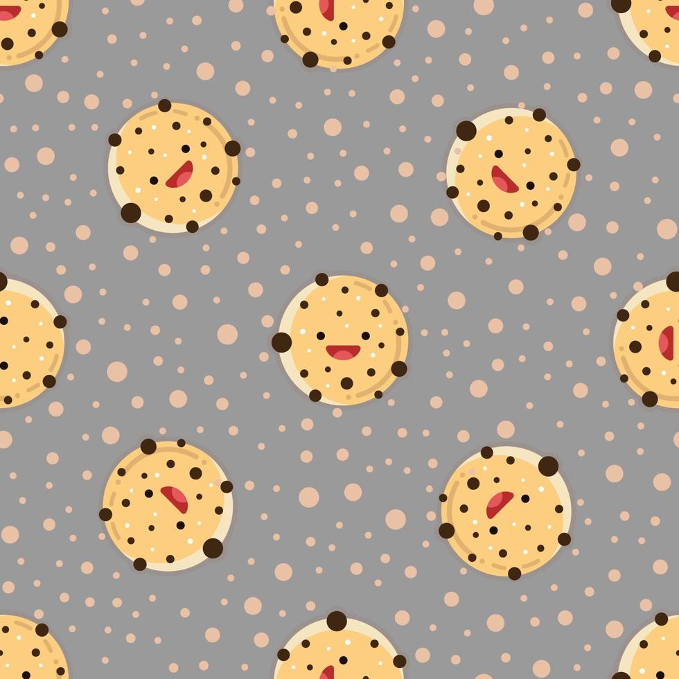 Cute chocolate chip cookie seamless pattern. Vector illustration. Food icon concept. Flat cartoon style.