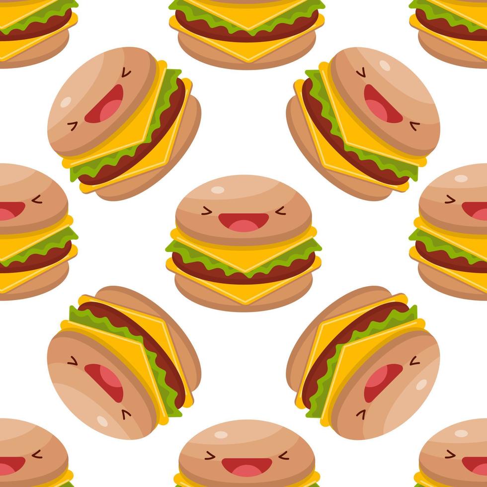 Cute Burger seamless pattern. Vector illustration. Food icon concept. Flat cartoon style.