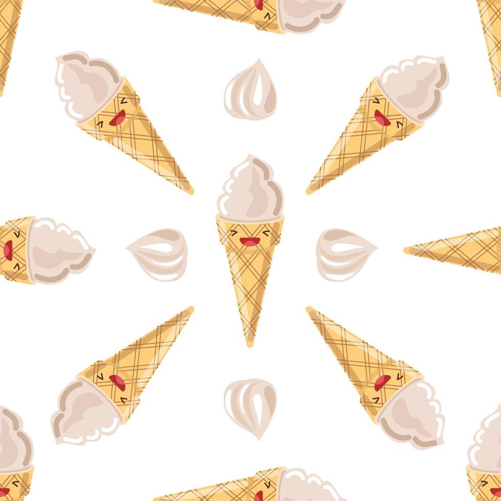 Cute ice cream cone seamless pattern. Vector illustration. Food icon concept. Flat cartoon style.