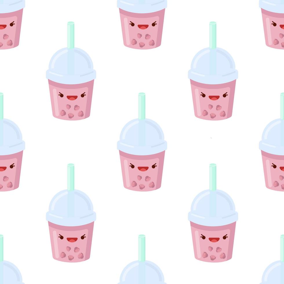 Cute Smoothies with raspberries seamless pattern. Vector illustration. Food icon concept. Flat cartoon style.