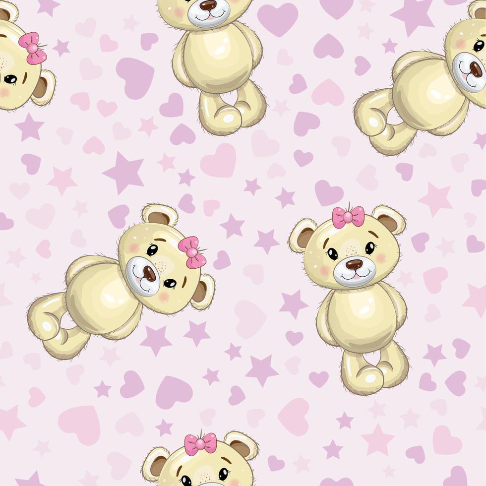 Seamless cute Teddy  bear girl pattern. Cartoon style. Vector illustration.