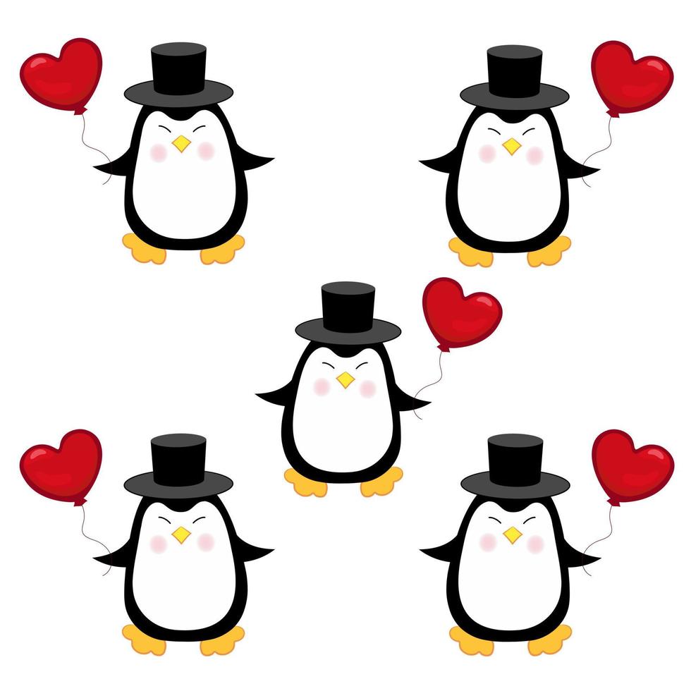 Seamless penguin pattern. Cute penguin in a top hat with a balloon in the shape of a heart. Vector illustration. Kawaii style.