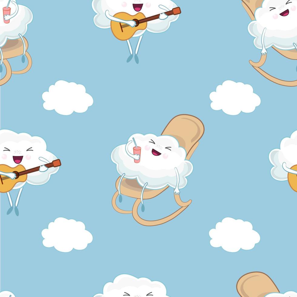 sin costura nube modelo. linda dibujos animados nube en un balanceo silla con un bebida en mano. vector ilustración. kawaii estilo.