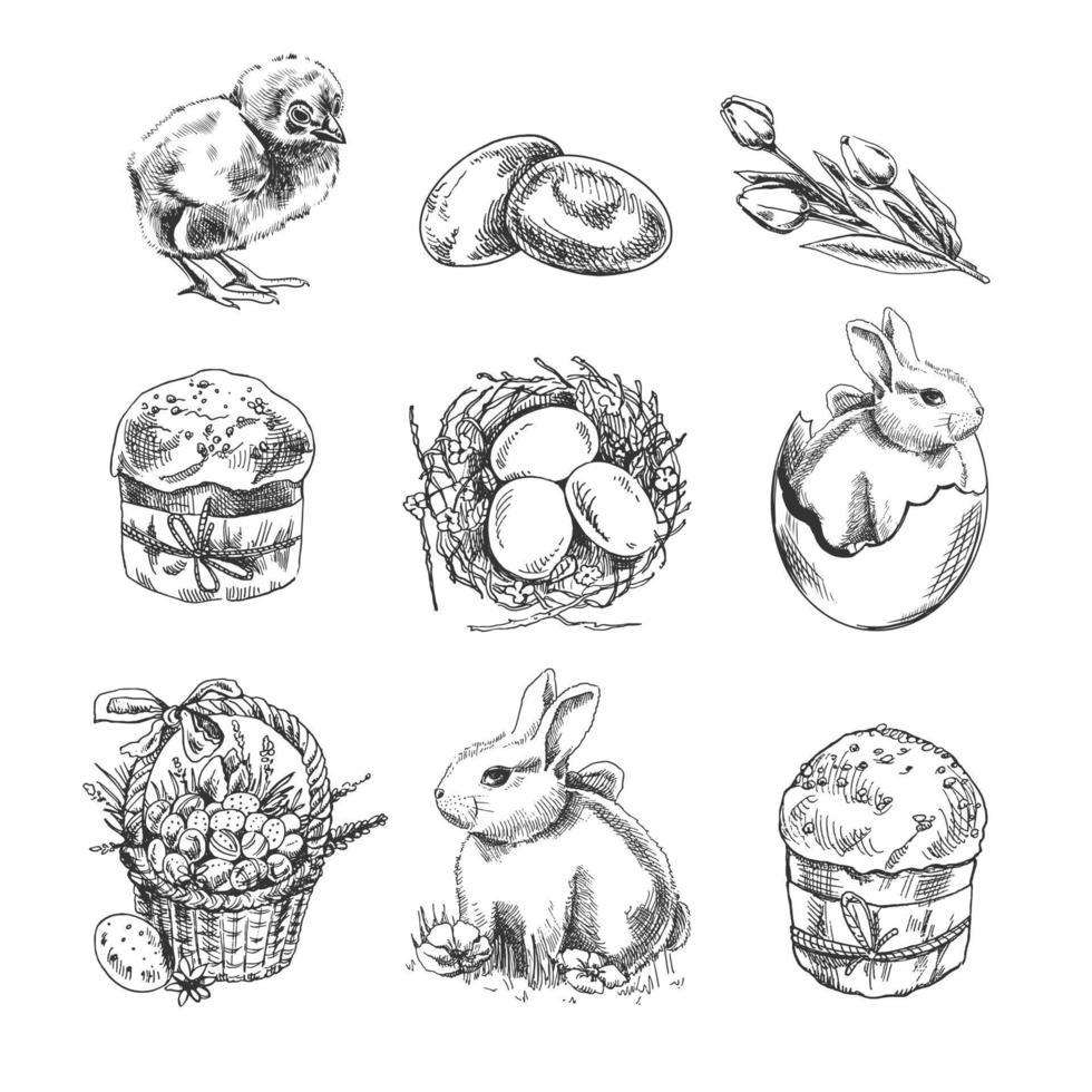 A hand-drawn sketch  Easter Holiday set. Easter bunny, Easter cakes, tulips, chicken, quail eggs, basket with easter eggs, nest with eggs. Vector illustration. Black and white vintage drawing.