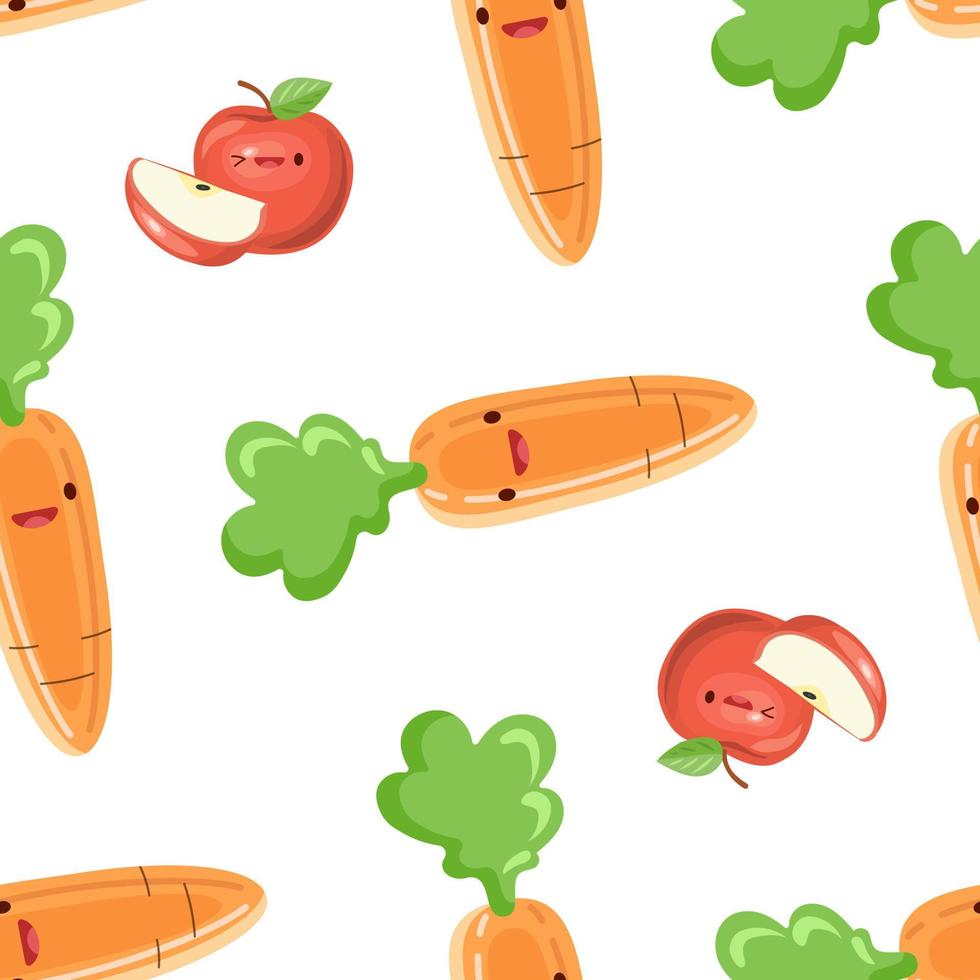Cute carrots and apples  seamless pattern. Vector illustration. Food icon concept. Flat cartoon style.