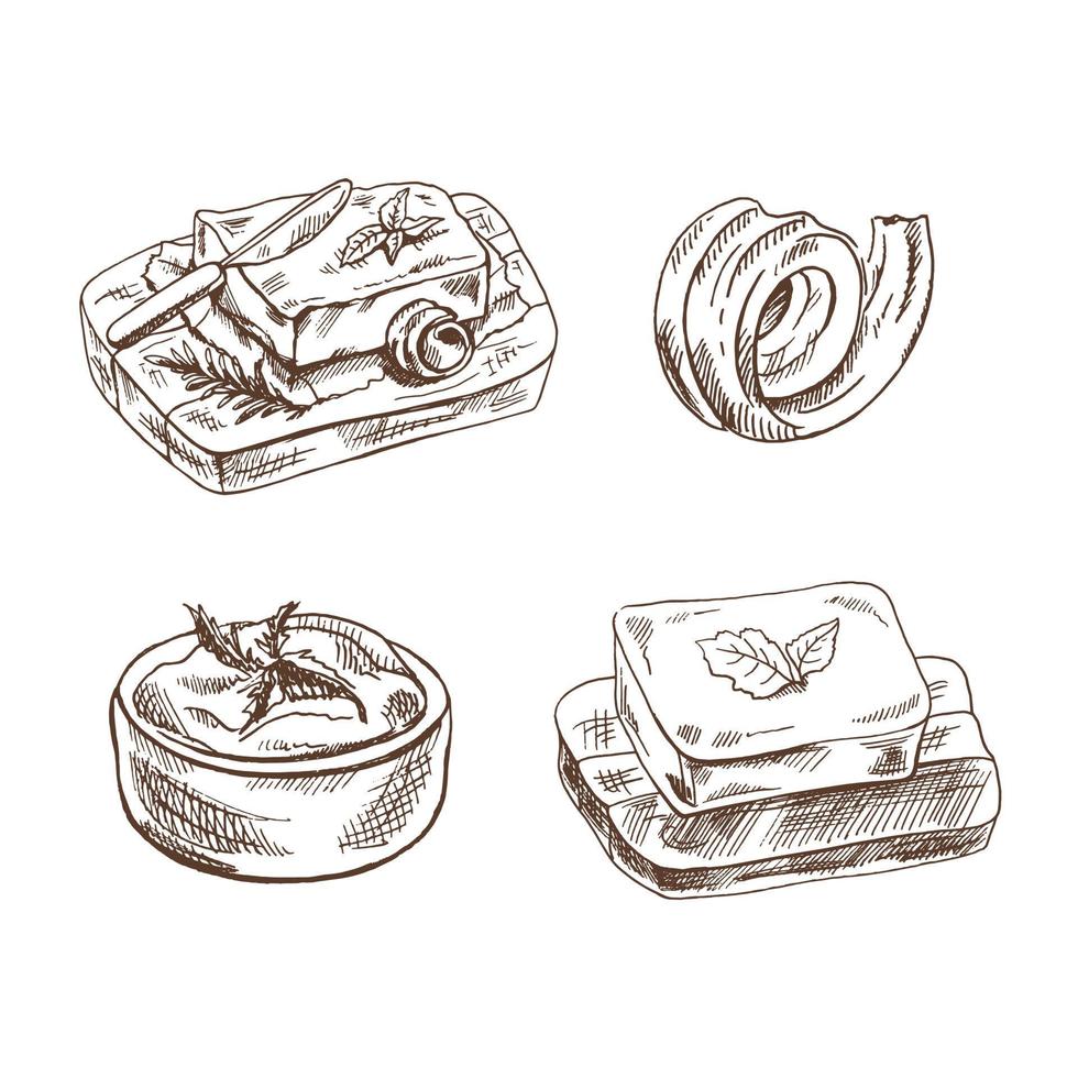 Hand-drawn Dairy products sketch set. Butter on a board, mint, knife, yogurt in a bowl, curl of butter. Vector illustration. Black and white vintage drawing.