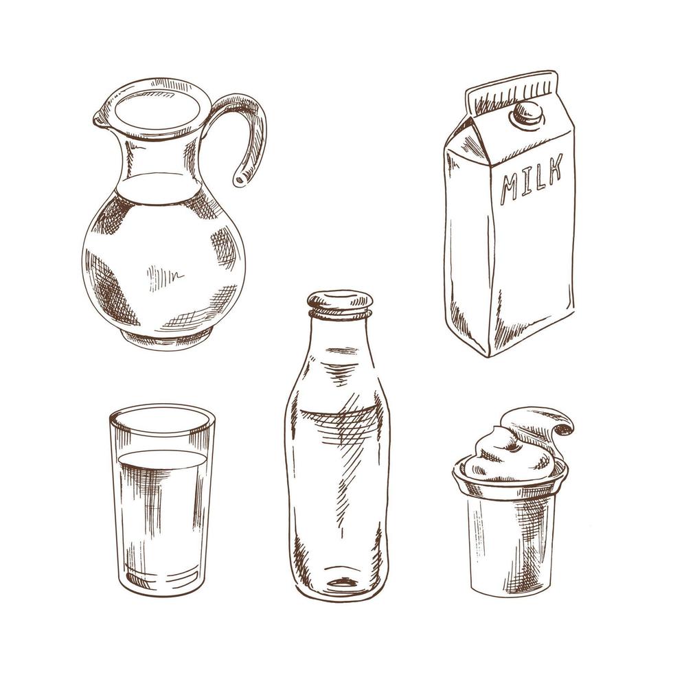 dibujado a mano lechería productos bosquejo colocar. leche, jarra, botella, tetra embalar, yogur en un paquete. vector ilustración. negro y blanco Clásico dibujo.