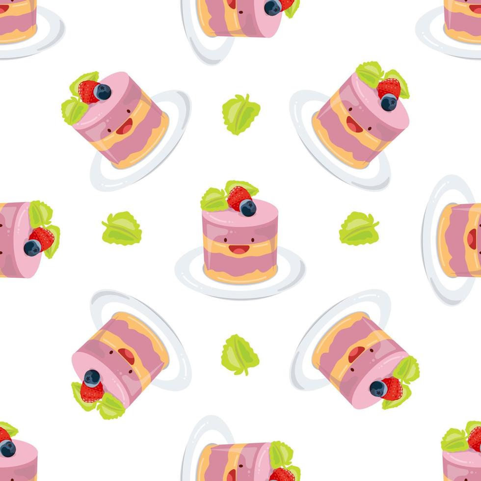 Cute cake, pastry with berry top seamless pattern. Vector illustration. Food icon concept. Flat cartoon style.