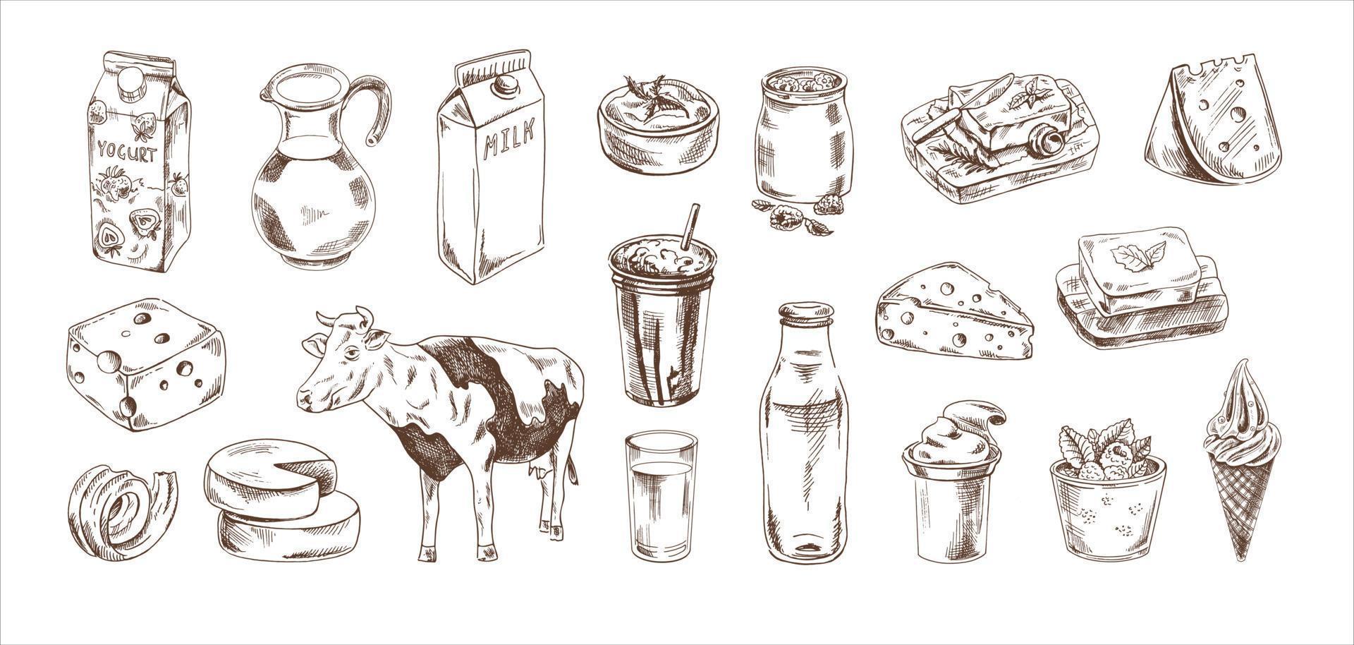 dibujado a mano lechería productos bosquejo colocar. queso, manteca, yogur, leche, jarra, vaca, hielo crema, botella, vaso. vector ilustración. negro y blanco Clásico dibujo.