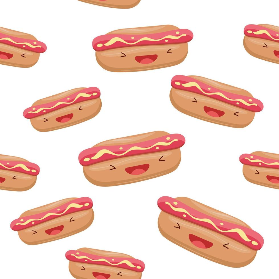 Cute hot dog seamless pattern. Vector illustration. Food icon concept. Flat cartoon style.