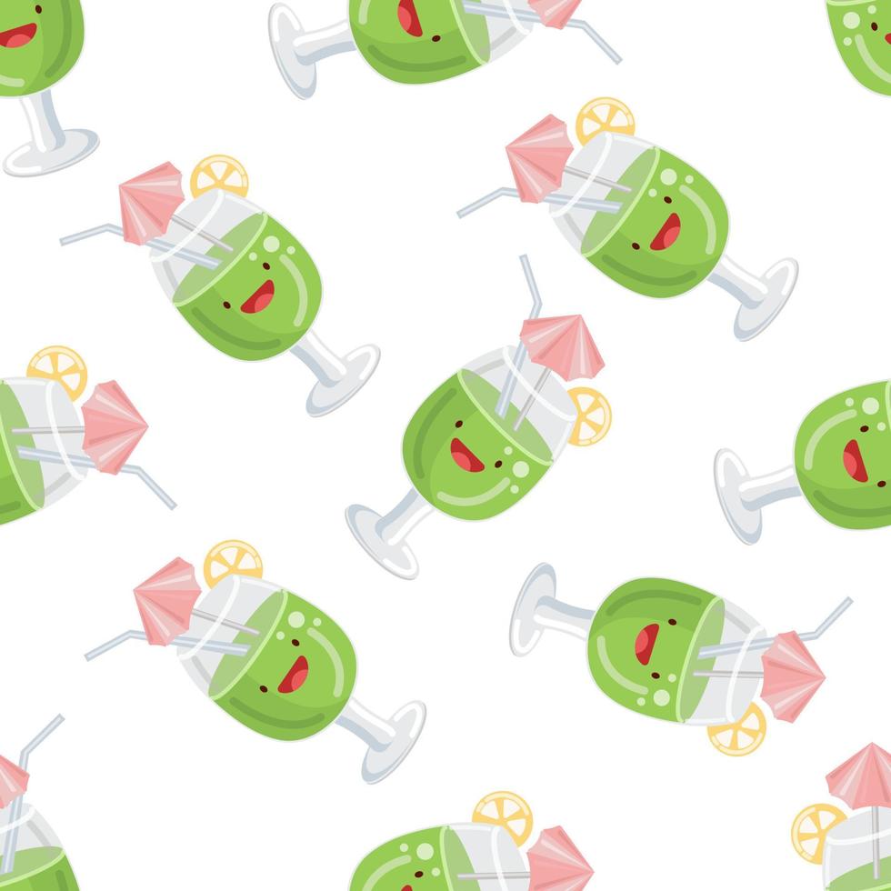 Cute green cocktail  seamless pattern. Vector illustration. Food icon concept. Flat cartoon style.