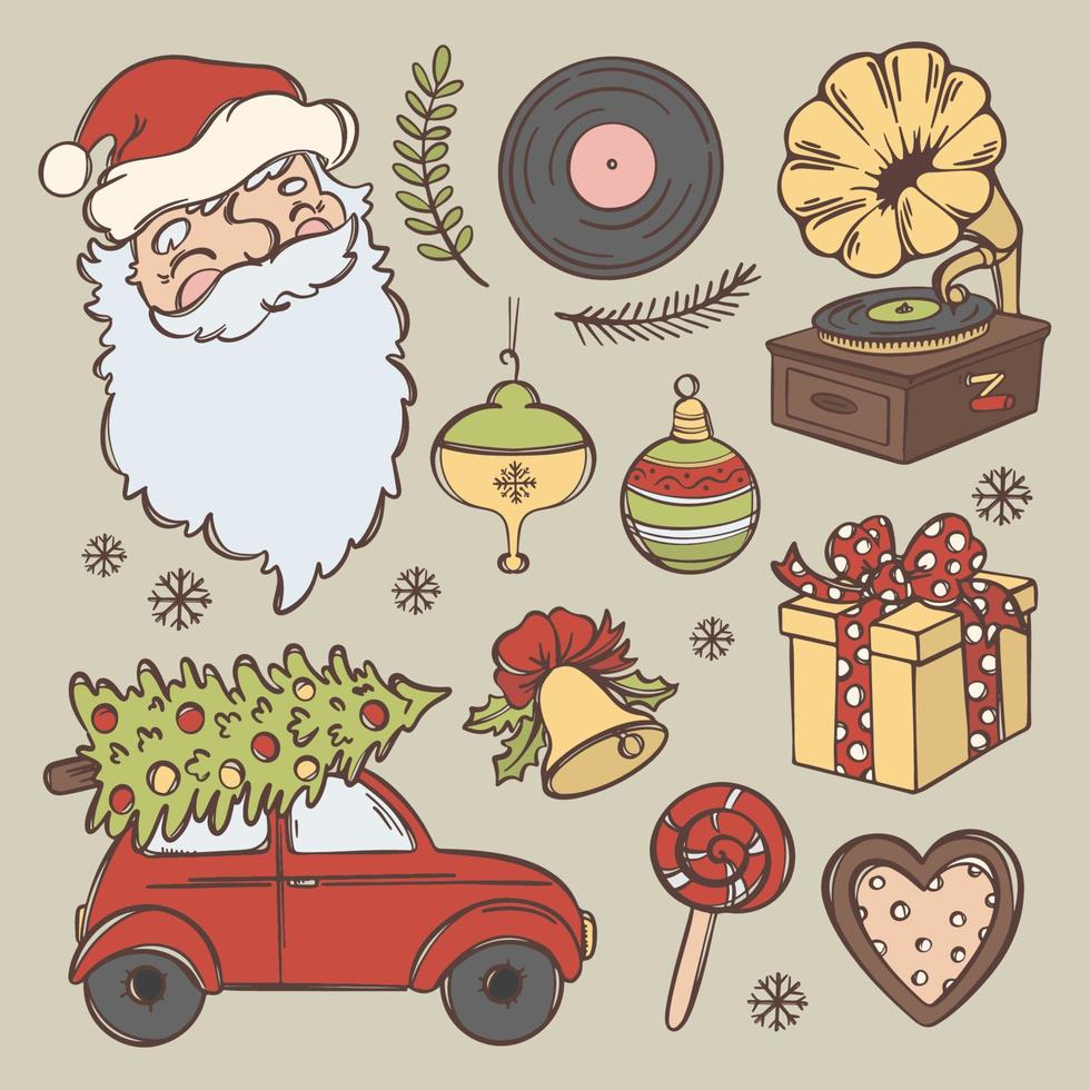 retro estado animico Papa Noel Navidad bosquejo regalo coche entregando árbol vector