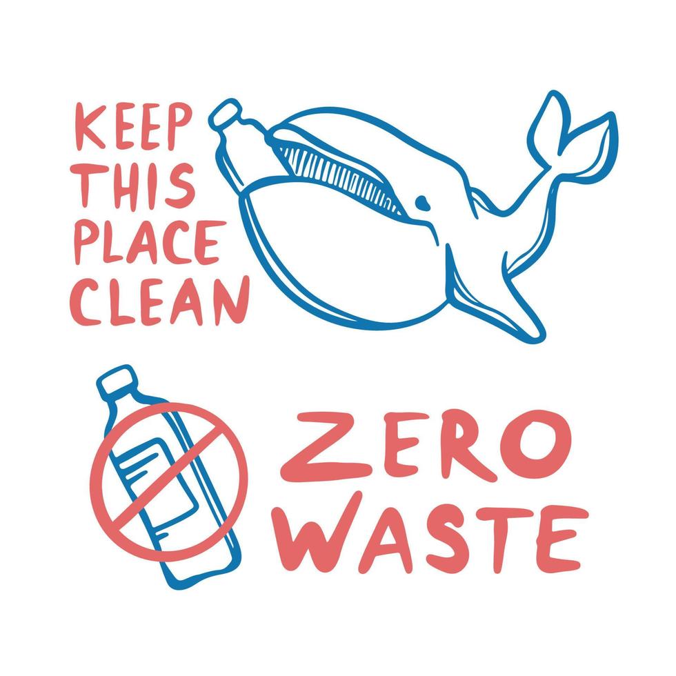 ZERO WASTE AND WHALE Eco Problem Vector Illustration Set