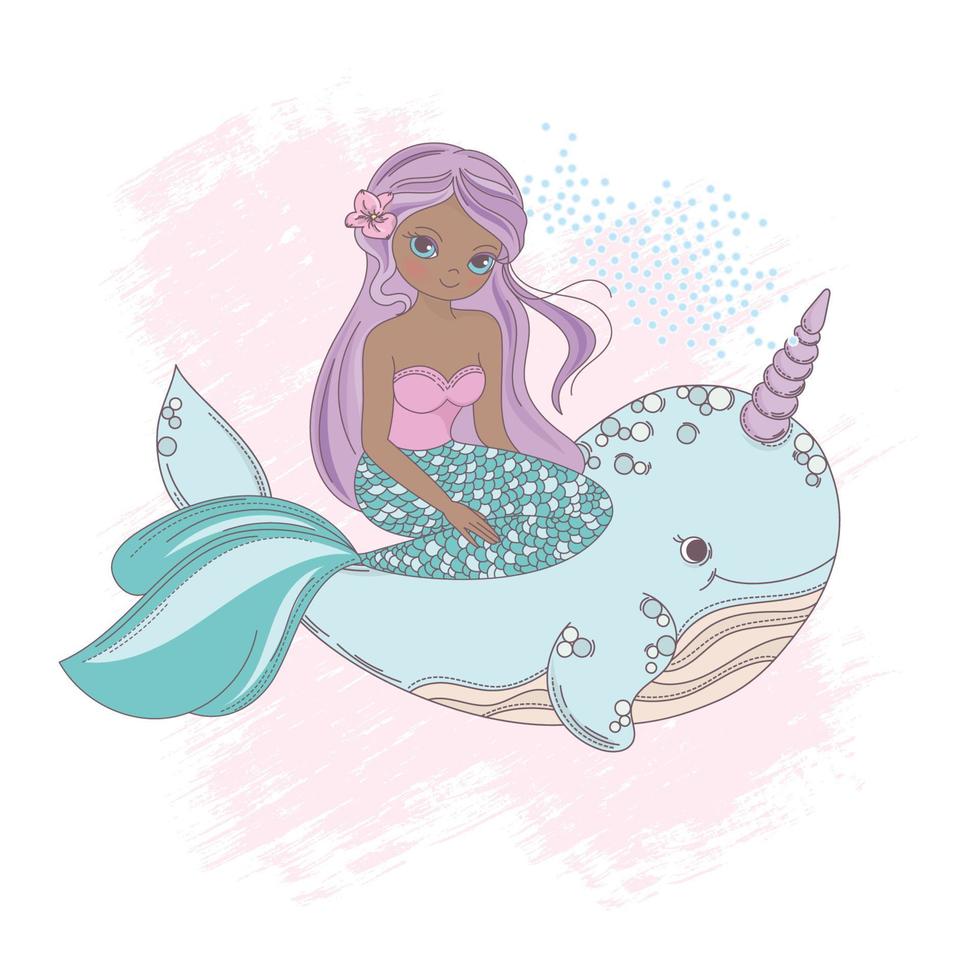 WHALE UNICORN And Dark Skinned Mermaid Vector Illustration Set