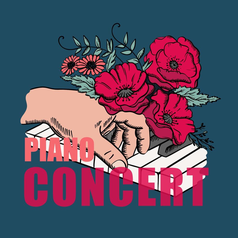 piano concierto póster mano y flores vector ilustración conjunto