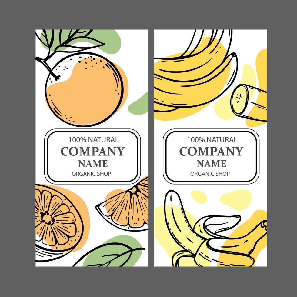 naranja plátano etiquetas diseño bosquejo vector ilustración conjunto