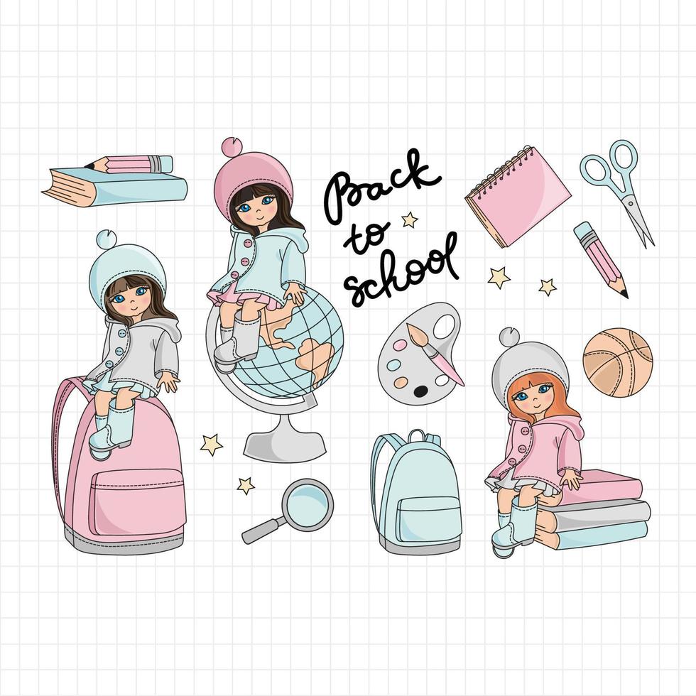 SCHOOL TIME Teaching Girls Education Vector Illustration Set