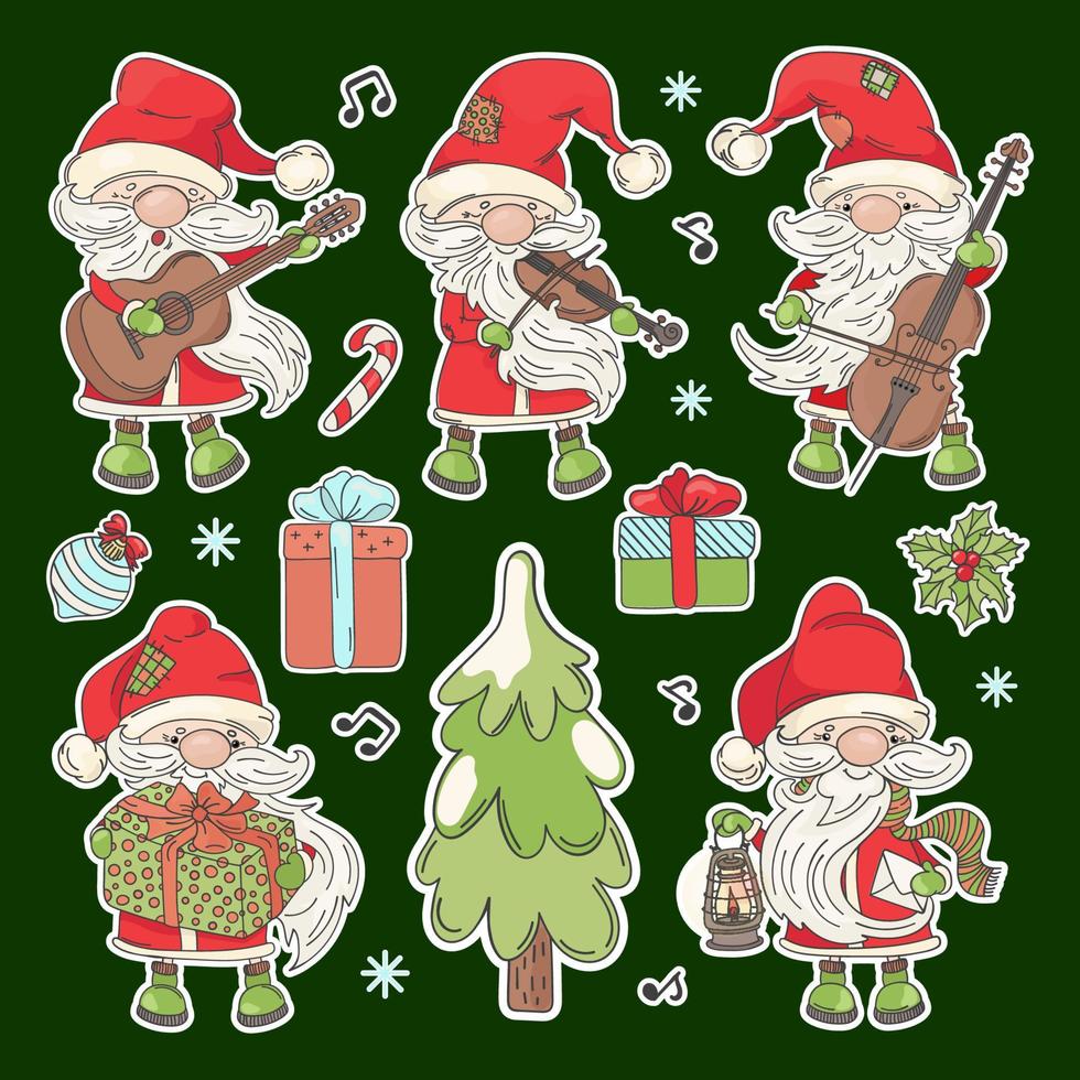 Papa Noel pegatinas dibujos animados musical clipart vector ilustración conjunto