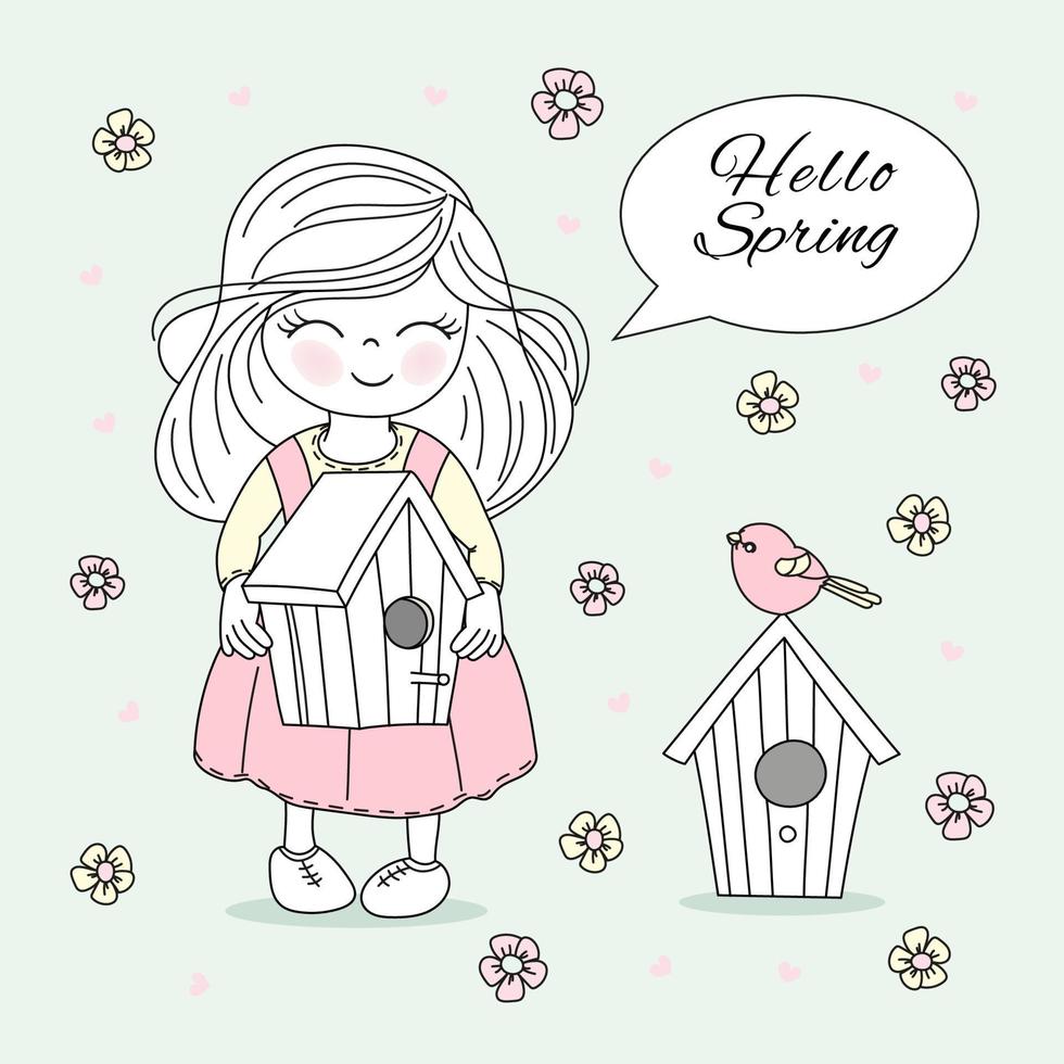 SPRING TIME Girl With Birdhouse Cartoon Vector Illustration Set