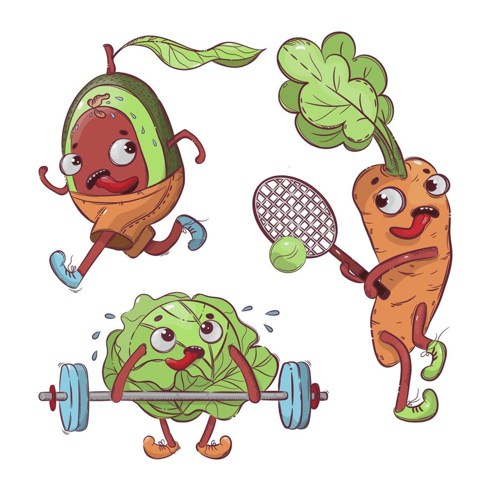 deporte vegetales dibujos animados camiseta impresión vector ilustración conjunto