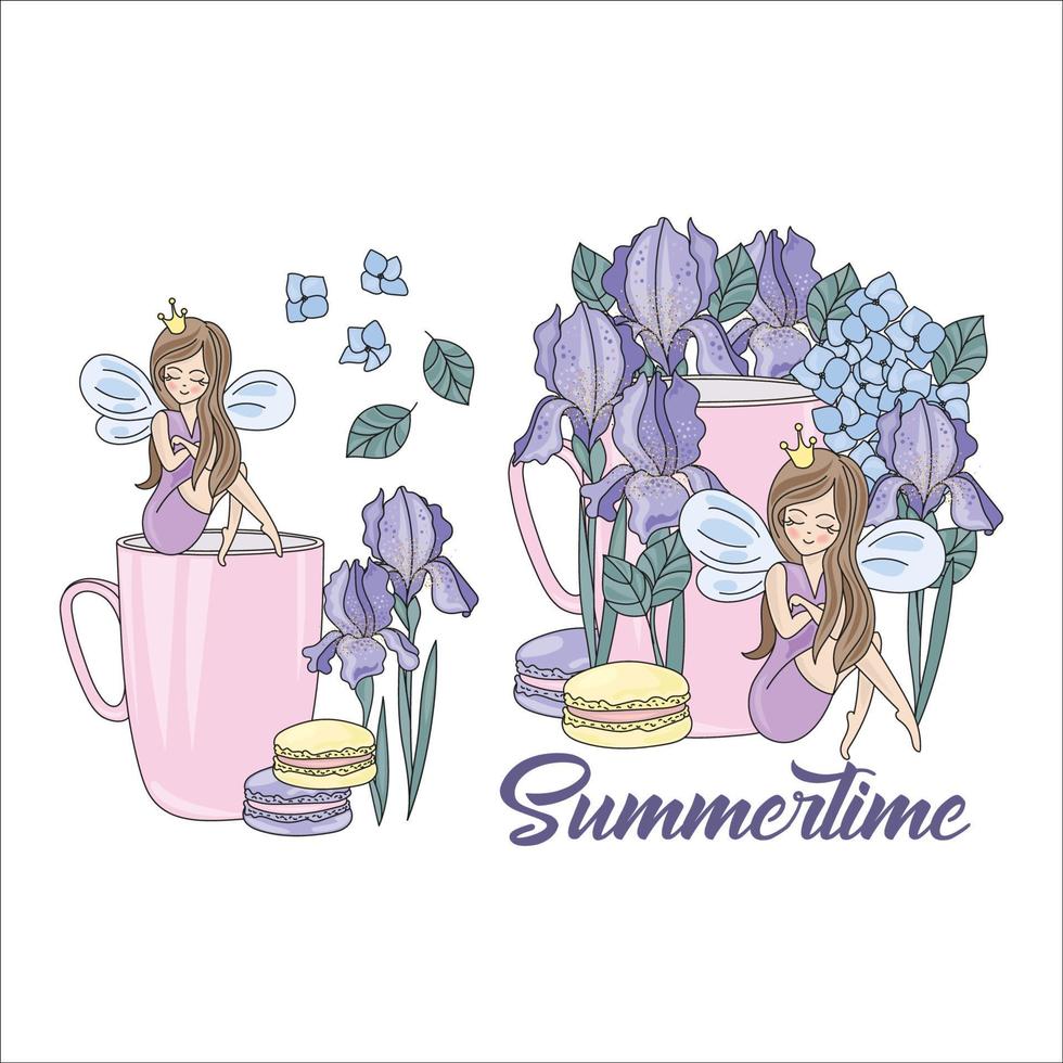 SUMMERTIME Flowers Princess Cartoon Vector Illustration Set