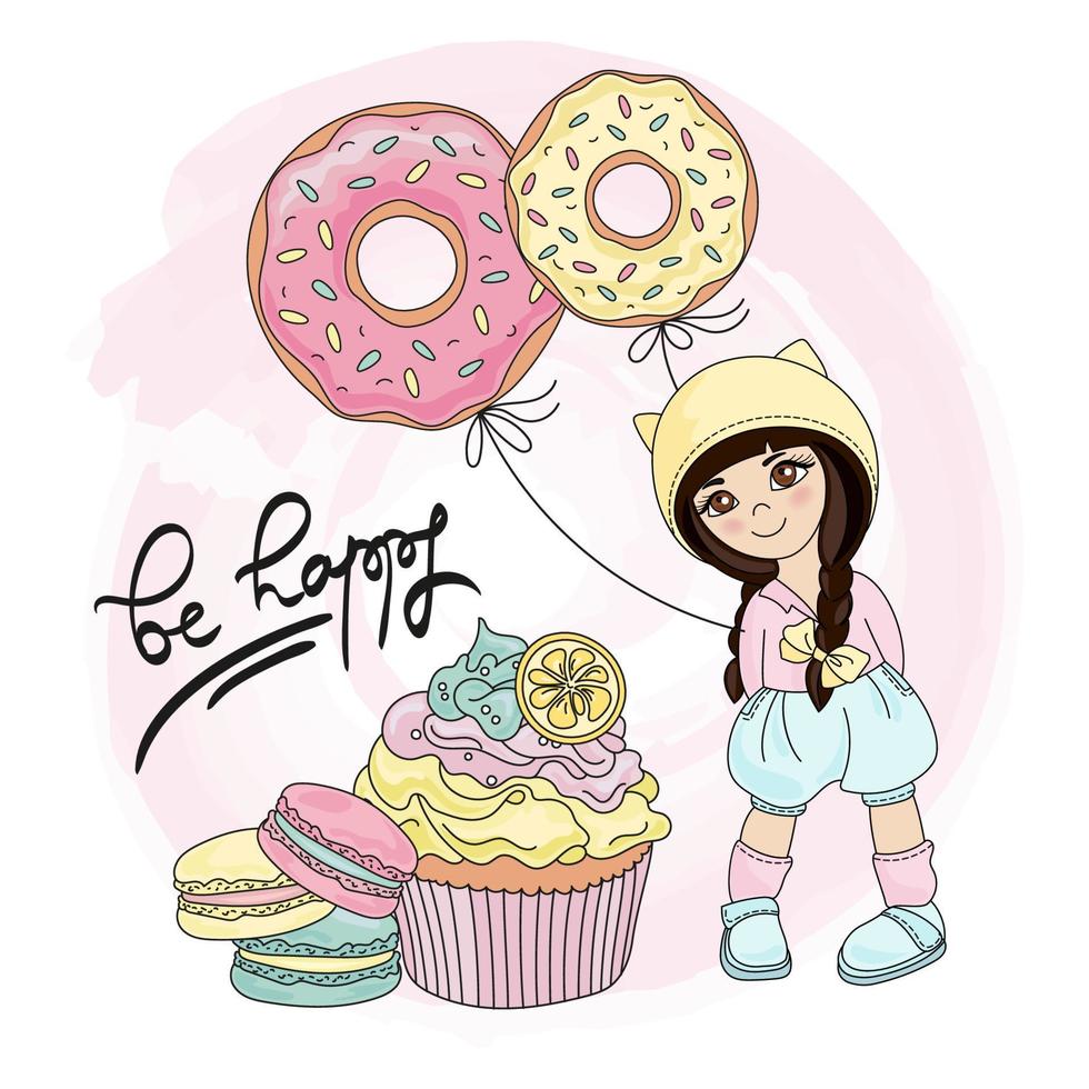 cariño niña sostiene rosquillas globos vector ilustración conjunto