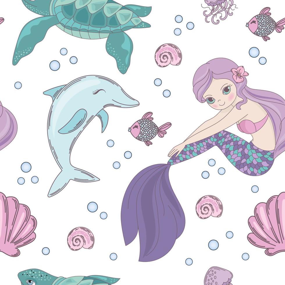 UNDERWATER WORLD Mermaid Seamless Pattern Vector Illustration
