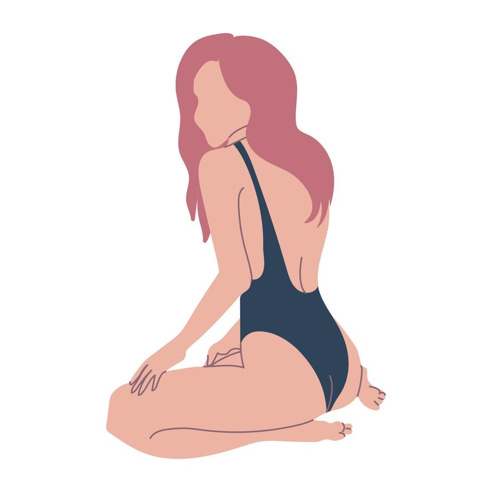 Red-haired woman in swimsuit sitting. vector
