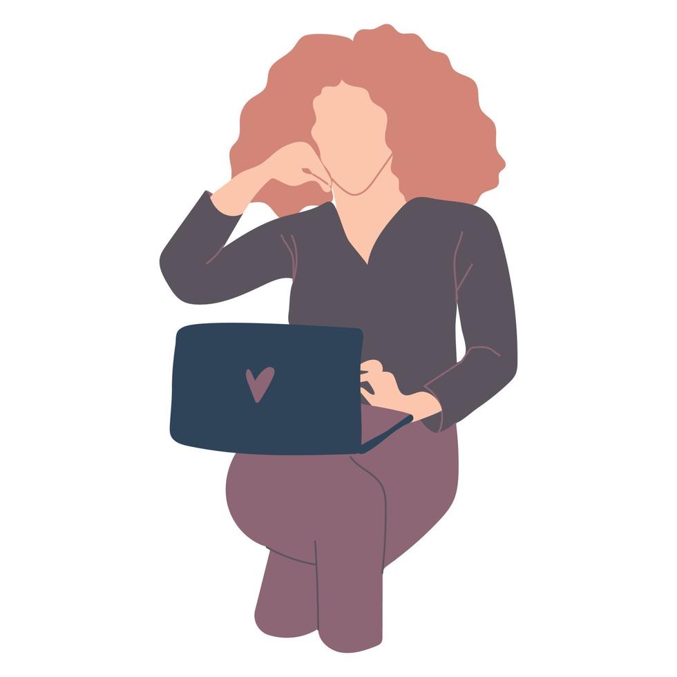 Redheaded woman working on laptop. vector