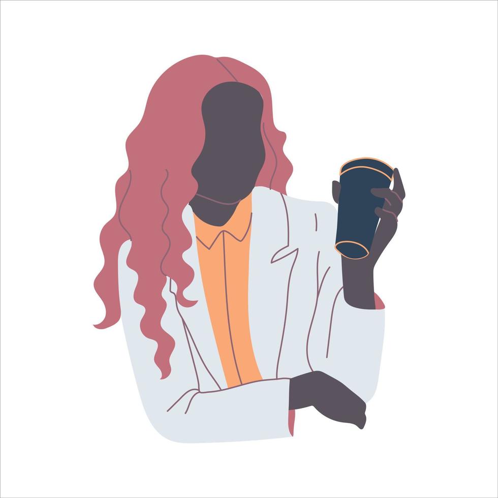 Female office worker holding a cup of coffee vector illustration.