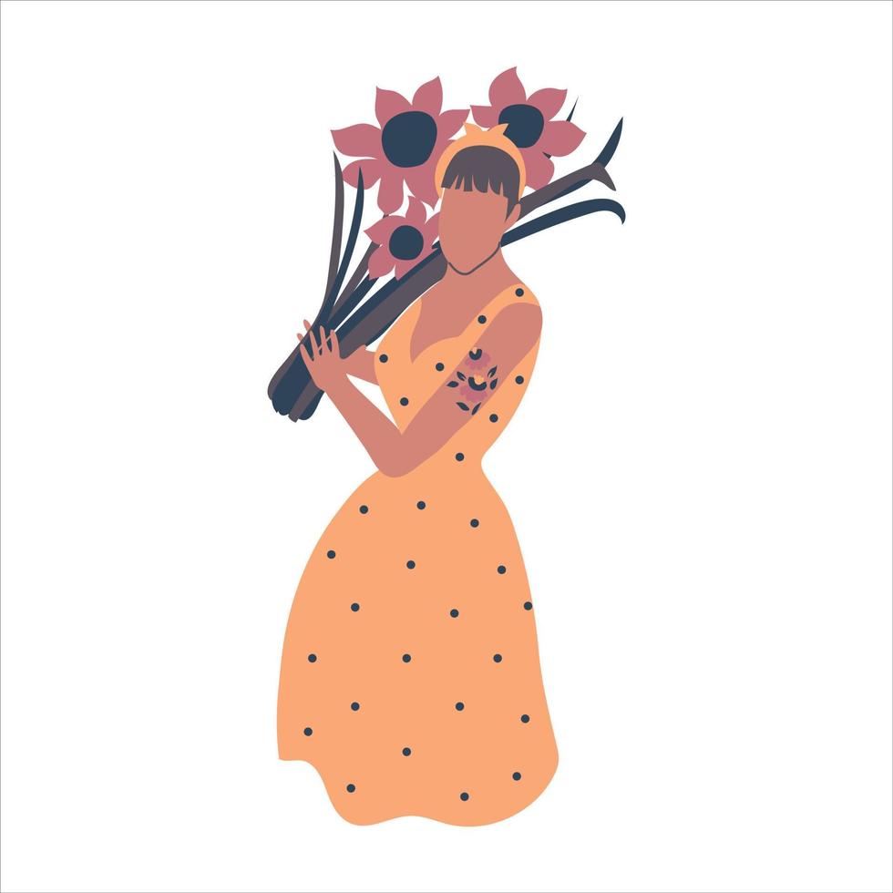 Vintage looking female holding sunflowers vector illustration.