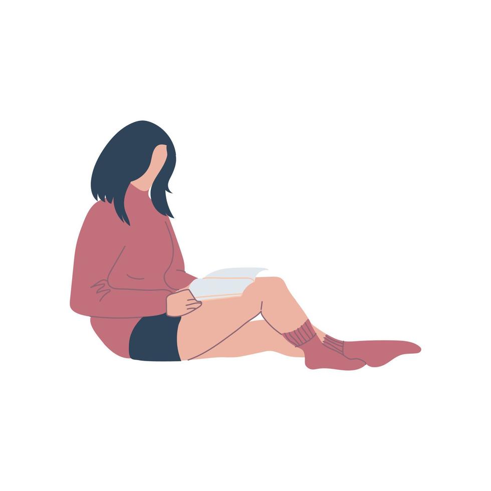 Brunette woman sitting and reading. vector