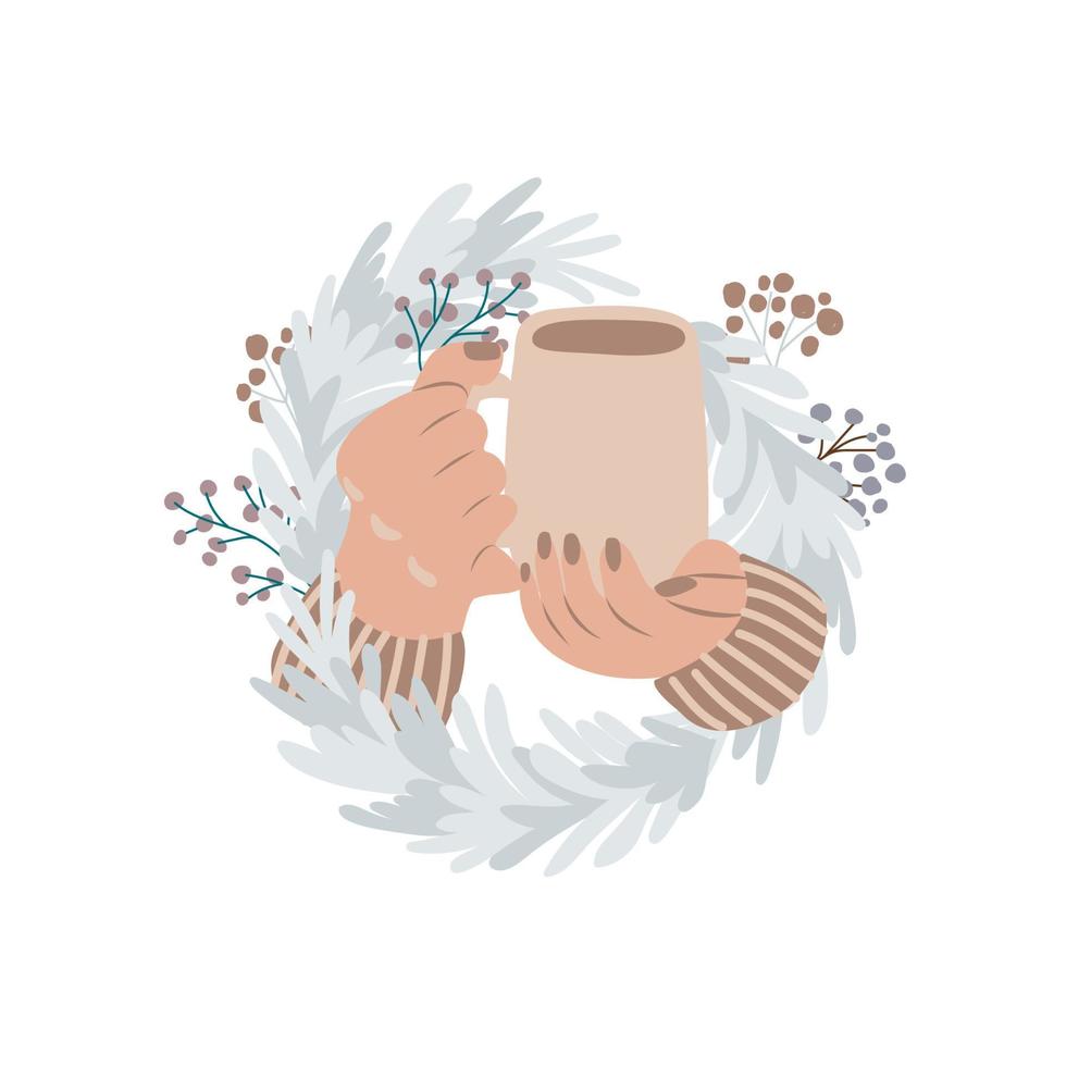 hembra manos con taza de caliente bebida en Navidad. vector