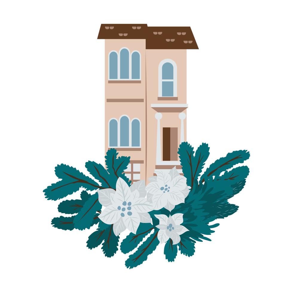 House decorated with Christmas arrangement. vector