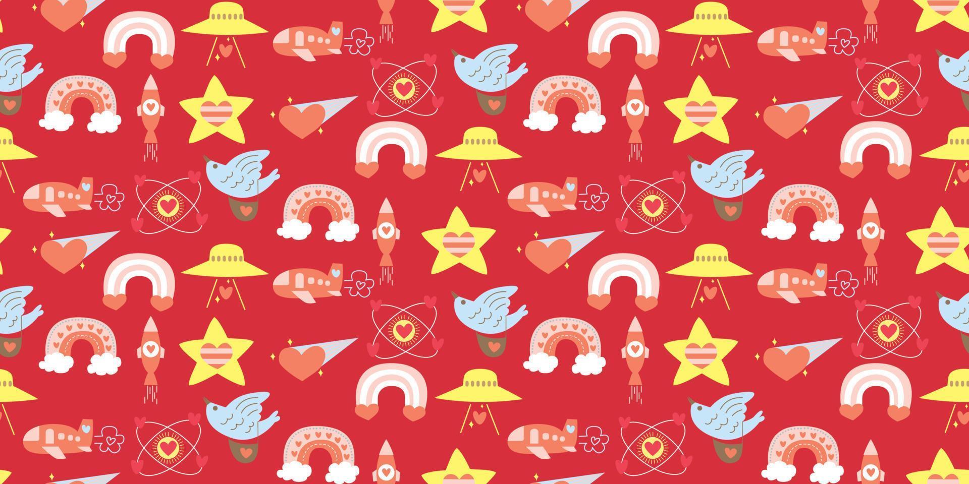 Beautiful Pattern UFO aircraft cute cartoon. Pattern space illustration sky, stars, aliens, rainbow, flying ships, airplanes, and bird pigeon communication. red pattern for fashion vector