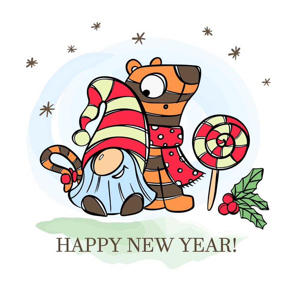 SANTA WITH TIGER DOLL Cute Dwarf And Lollypop Vector Postcard