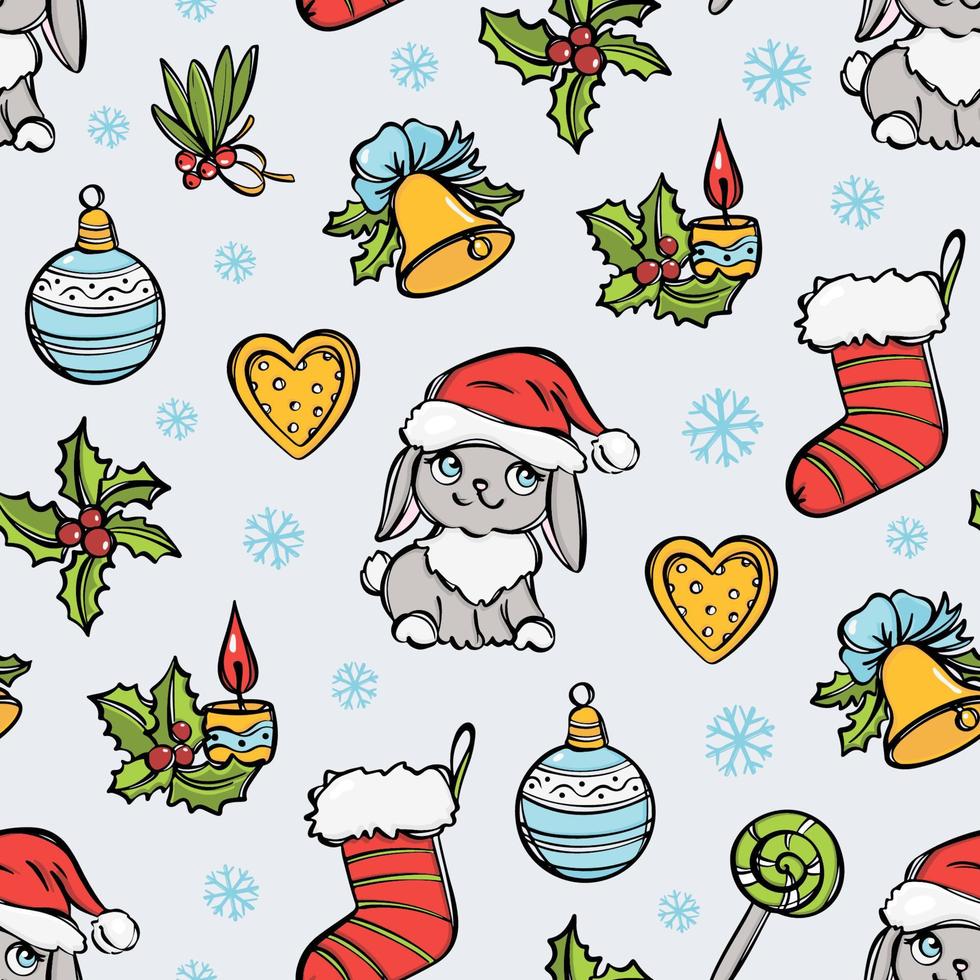 SANTA RABBIT New Year Decorations Vector Seamless Pattern