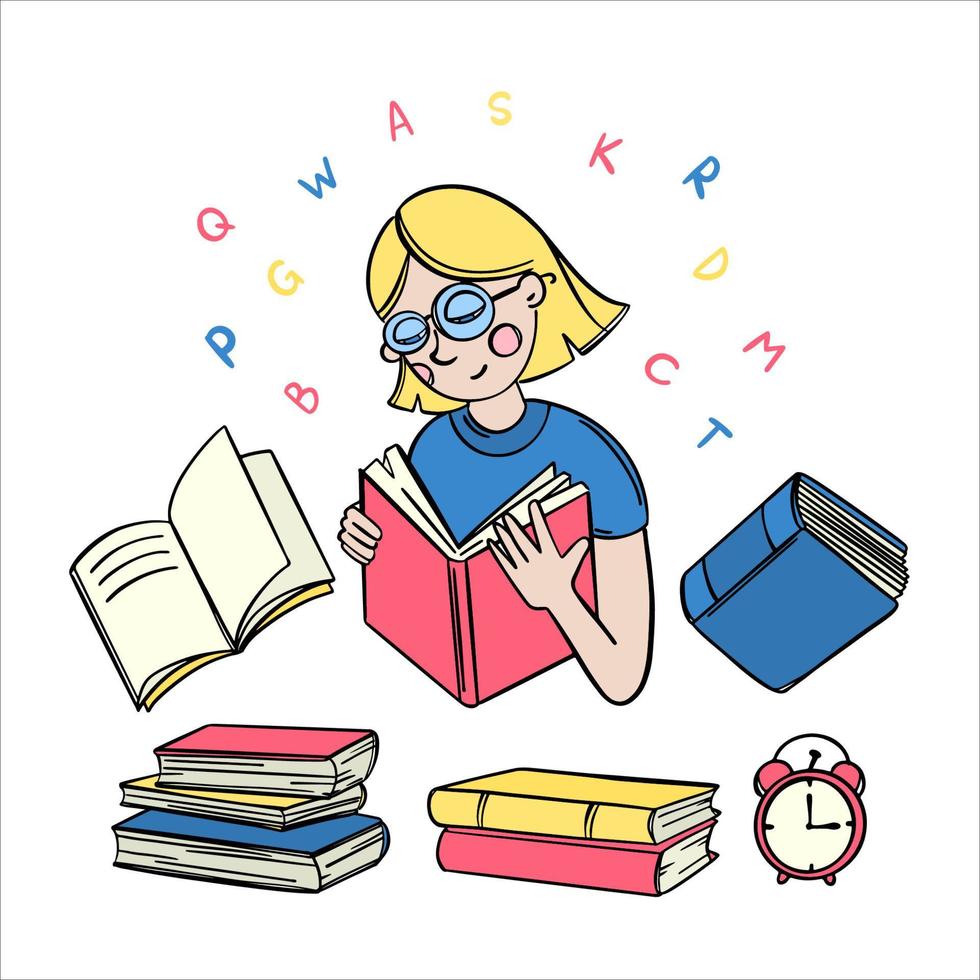 TIME TO READ Woman Student Reads Book Concept Home Education vector
