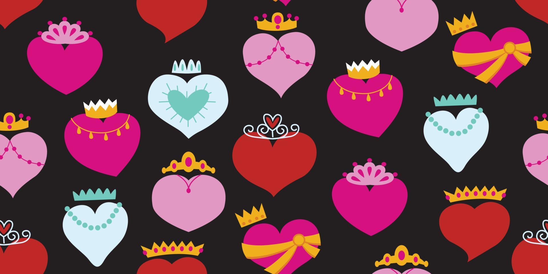 Beautiful pattern crown heart design. Queen of heart. sweet romance crowned heart pattern king and Queen heart for decorating the wedding card for valentine's day and love story concept.black pattern vector