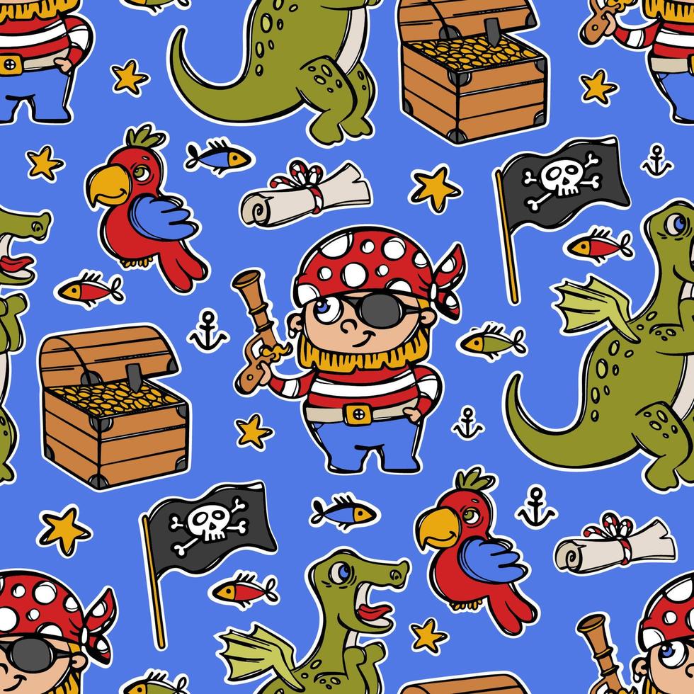 PIRATE AND CHEST WITH GOLD Cartoon Seamless Pattern Print vector