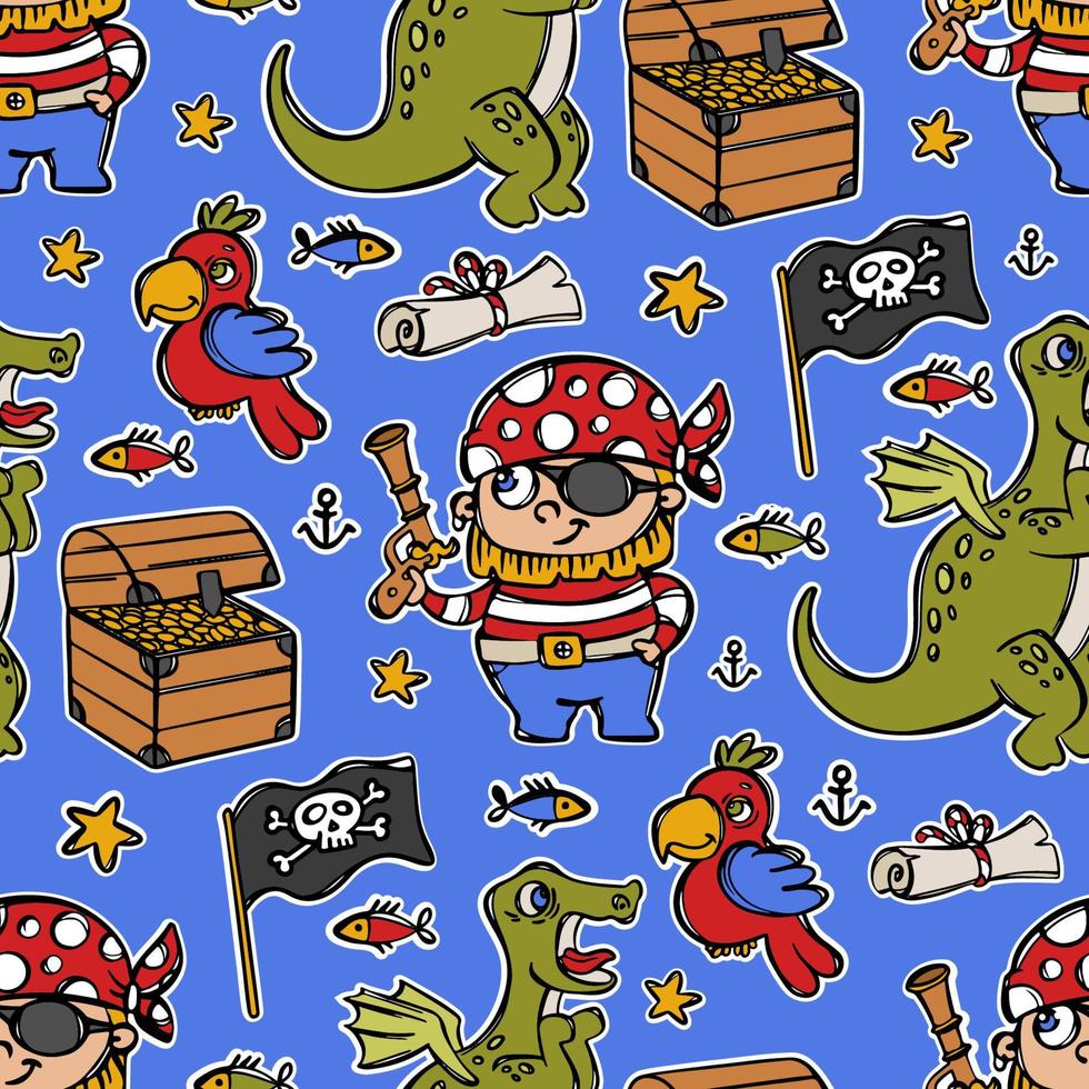 PIRATE AND CHEST WITH GOLD Cartoon Seamless Pattern Print vector