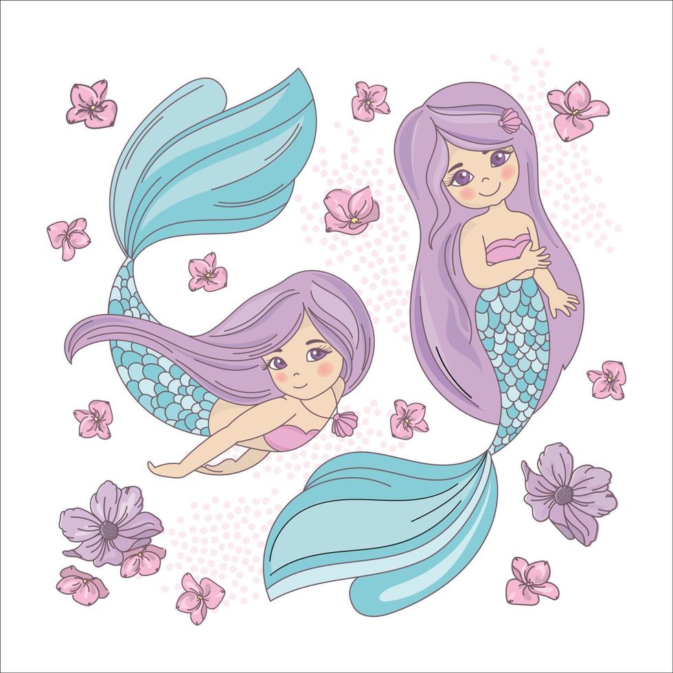PURPLE MERMAIDS Underwater Princess Vector Illustration Set