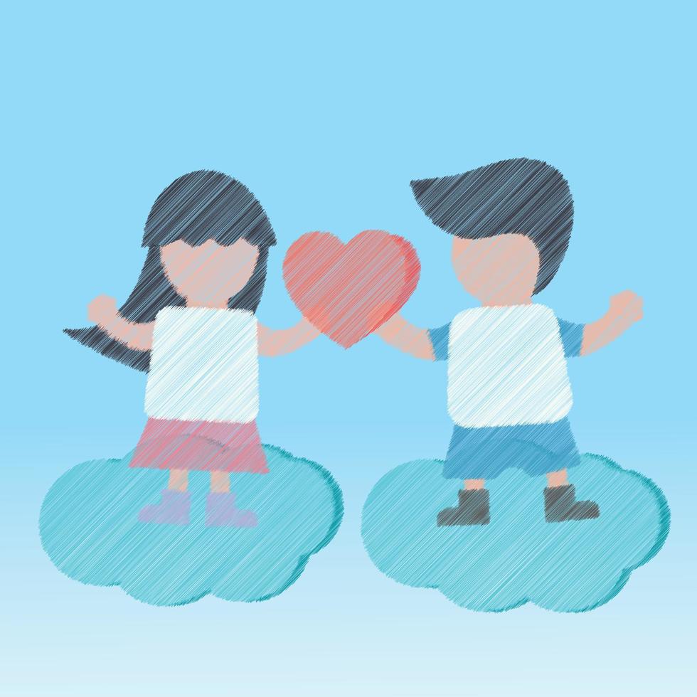 Vector lovely cute couple in love togheter with heart on cloud sky with watercolor,color pencil design for valentine day or love couple concept online shopping sale promotion valentines couple.