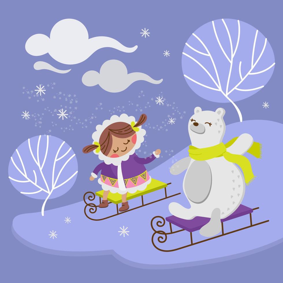 POLAR BEAR Girl Hand Drawn Flat Design Vector Illustration