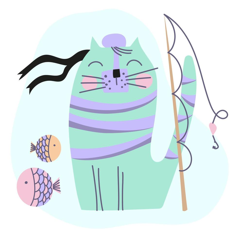 gato pescador cómic animal dibujos animados gracioso vector ilustración conjunto