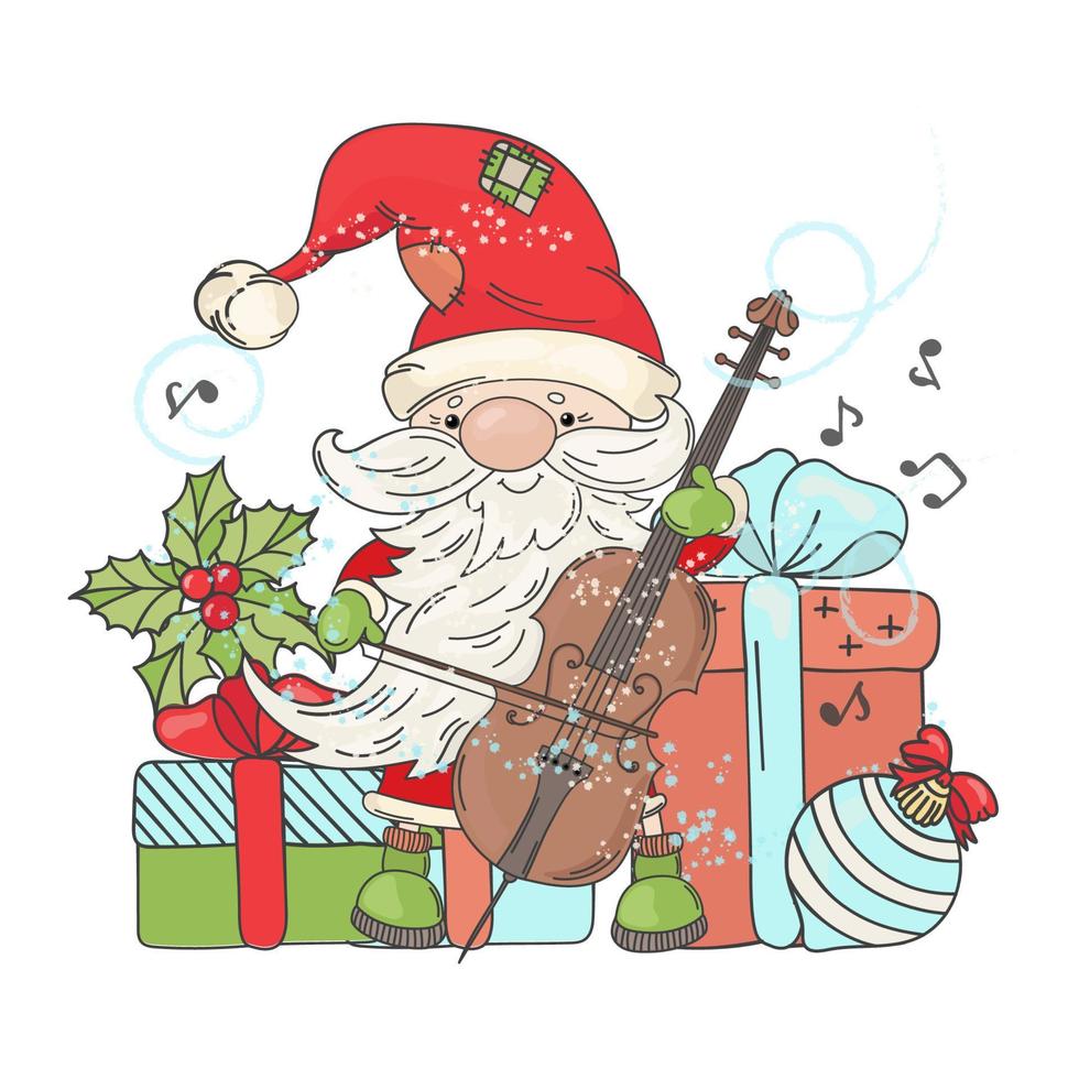 SANTA CONCERT Plays Cello New Year Vector Illustration Set