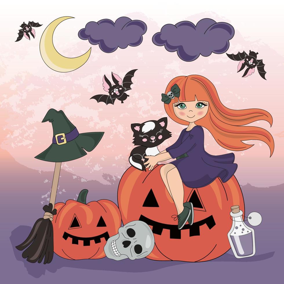 PUMPKIN HOLIDAY Girl Halloween Cartoon Vector Illustration Set