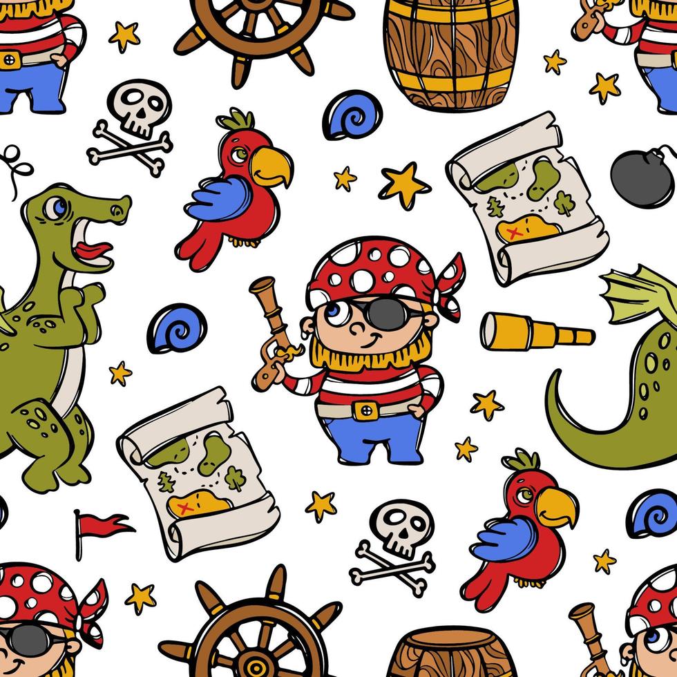 PIRATE WITH PISTOL Marine Cartoon Hand Drawn Seamless Pattern vector