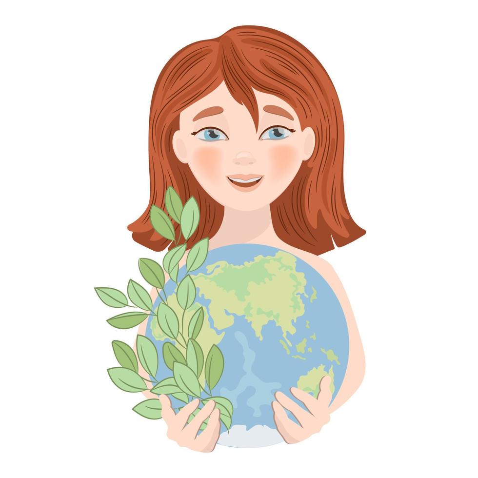 SAVE PLANET Earth Holiday Globe Girl Vector Illustration Set